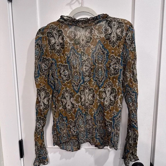 Y2K Sheer Paisley Tie Front Sequin Blouse Boho Style - Picture 5 of 6